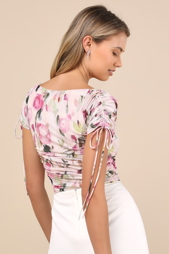 Zaharina Blush Pink Floral Mesh Ruched Short Sleeve Bodysuit