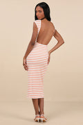 Chic Existence Ivory and Orange Striped Backless Midi Dress