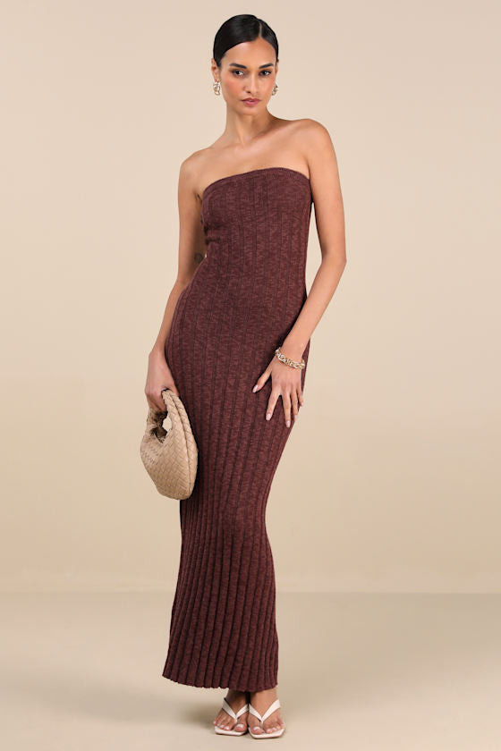 Koko Brown Ribbed Knit Strapless Maxi Dress