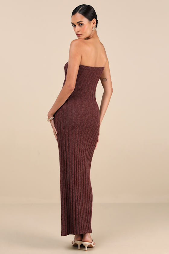 Koko Brown Ribbed Knit Strapless Maxi Dress