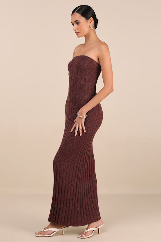 Koko Brown Ribbed Knit Strapless Maxi Dress