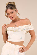 Rowena Cream Embroidered Ruffled Crop Top