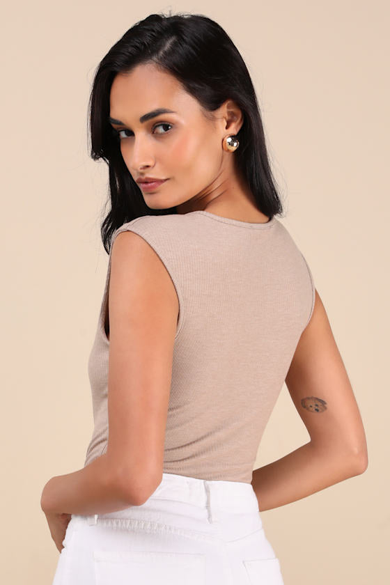 Sweet Crush Taupe Ribbed Square Neck Bodysuit