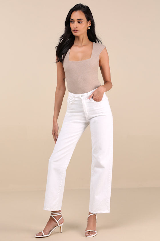 Sweet Crush Taupe Ribbed Square Neck Bodysuit