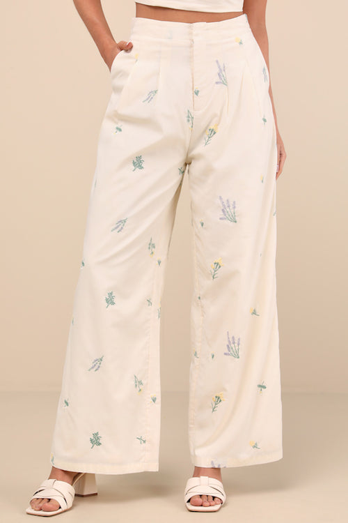 Rowena Cream Embroidered Wide-Leg Pants