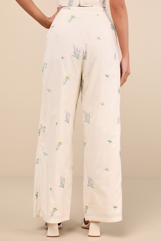 Rowena Cream Embroidered Wide-Leg Pants