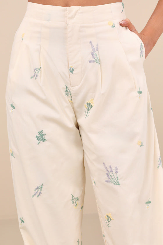 Rowena Cream Embroidered Wide-Leg Pants