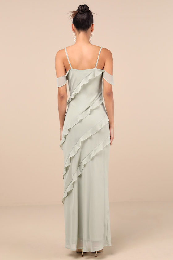 Elara Light Sage Ruffled Maxi Dress