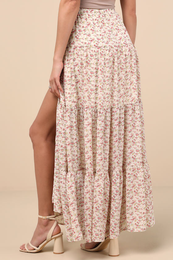 Subtle Sweetness Cream Floral Print Tiered Maxi Skirt