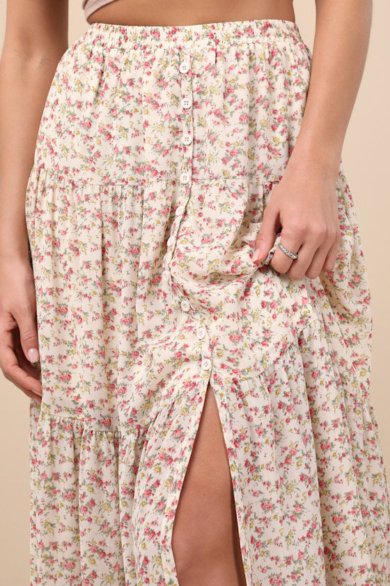Subtle Sweetness Cream Floral Print Tiered Maxi Skirt