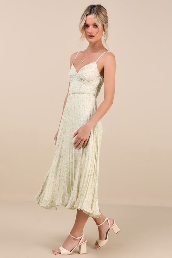 Darling Favorite Yellow Floral Sleeveless Pleated Midi Dress