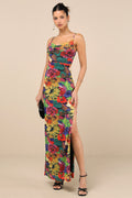 Sunniva Black Multi Print Mesh Cowl Maxi Dress