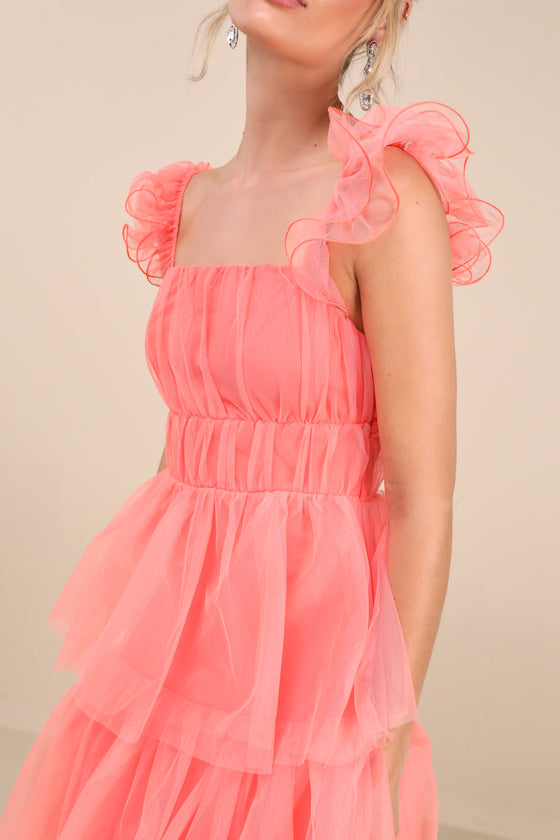 Tulle For Love Coral Pink Mesh Tulle Tiered Ruffled Maxi Dress