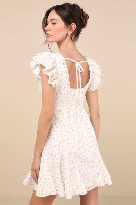 Eben Ivory Ditsy Floral Flutter Sleeve Mini Dress