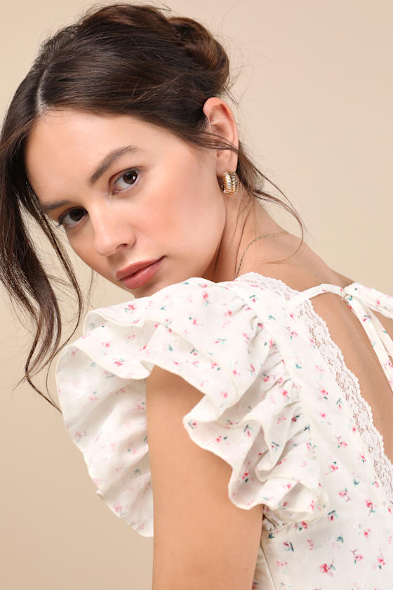 Eben Ivory Ditsy Floral Flutter Sleeve Mini Dress