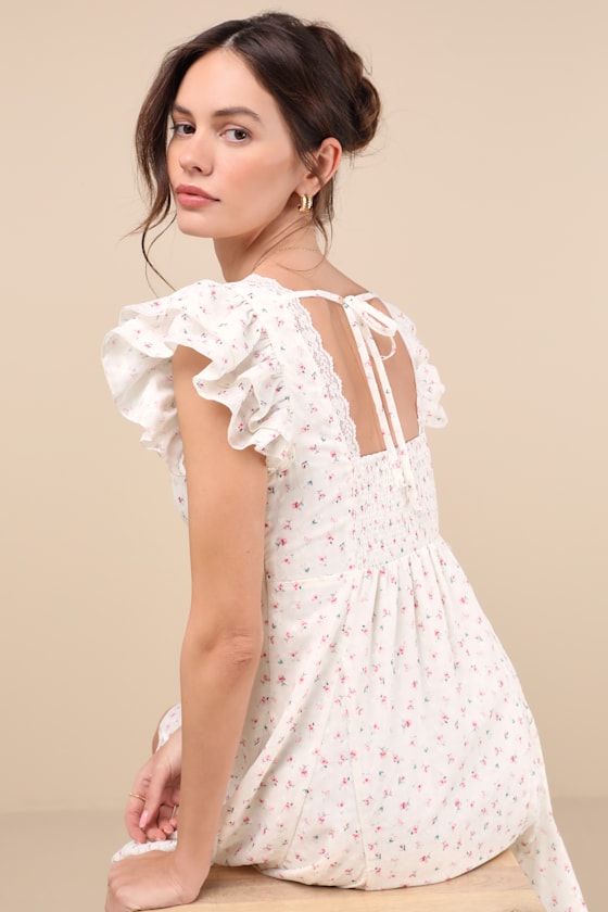 Eben Ivory Ditsy Floral Flutter Sleeve Mini Dress
