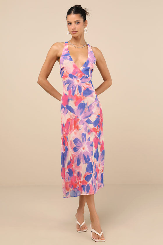 Delight in Elegance Pink and Blue Multi Floral Halter Midi Dress