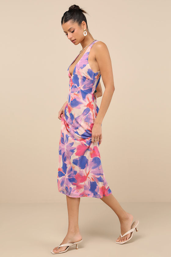 Delight in Elegance Pink and Blue Multi Floral Halter Midi Dress