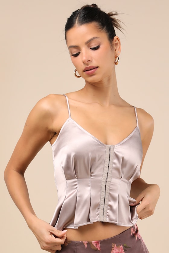Kailany Taupe Satin Pleated Peplum Cami Top