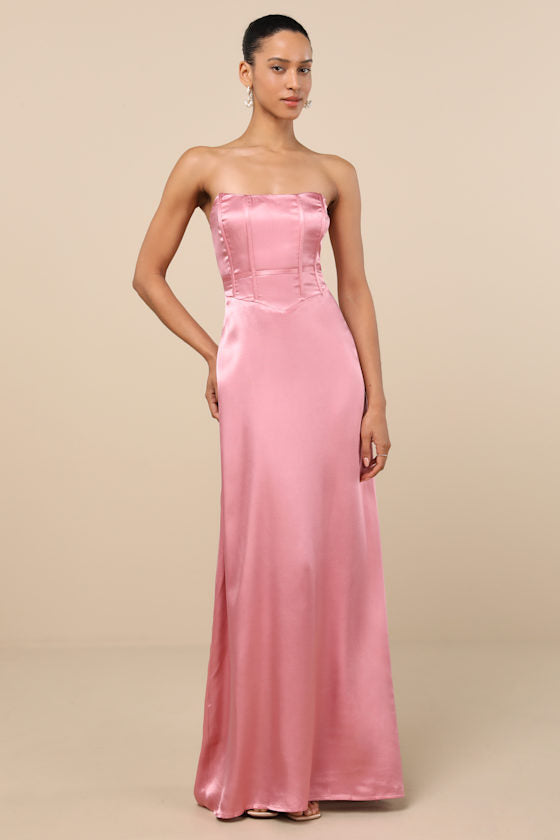 Extraordinary Presence Pink Satin Strapless Maxi Dress