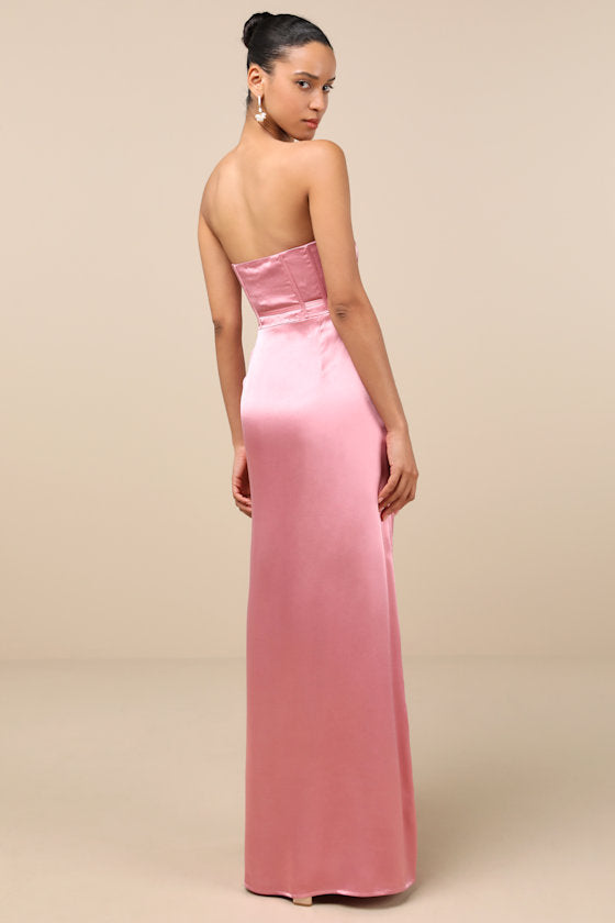 Extraordinary Presence Pink Satin Strapless Maxi Dress