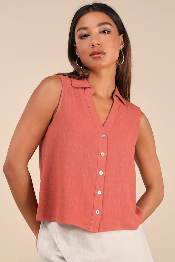 Casual Contentment Terracotta Linen Button-Up Collared Tank Top