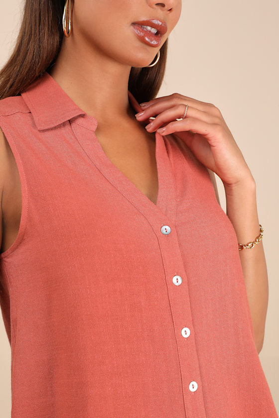 Casual Contentment Terracotta Linen Button-Up Collared Tank Top