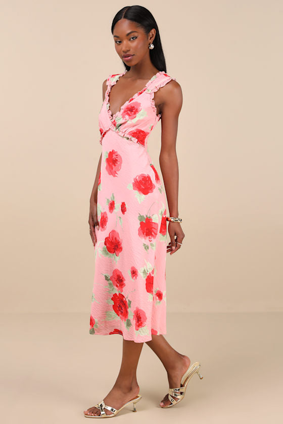 Clarrie Pink Floral Crinkle Satin Ruffled Midi Dress