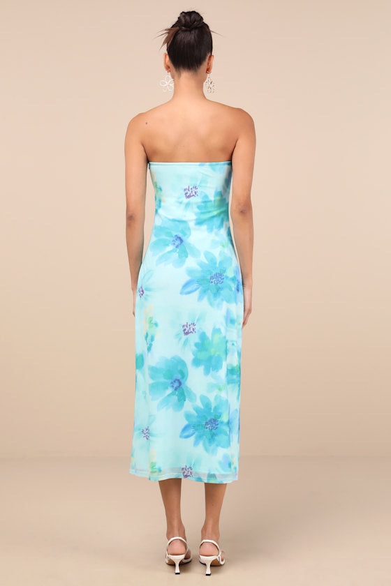 Jaylah Aqua Blue Floral Mesh Strapless Midi Dress