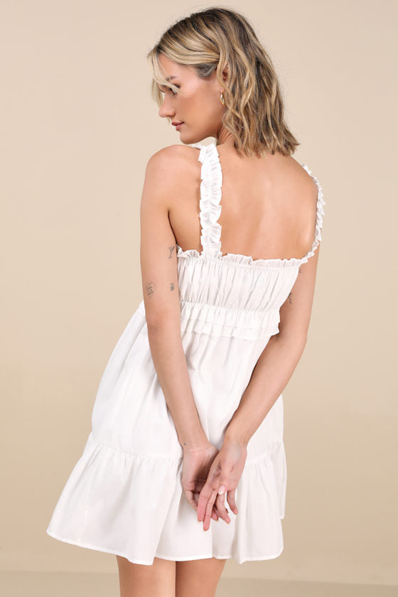 Nathaly White Poplin Ruffled Babydoll Mini Dress