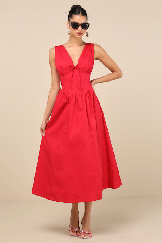 Lettie Red Poplin Plunge Neck Midi Dress