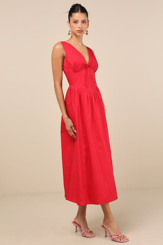 Lettie Red Poplin Plunge Neck Midi Dress