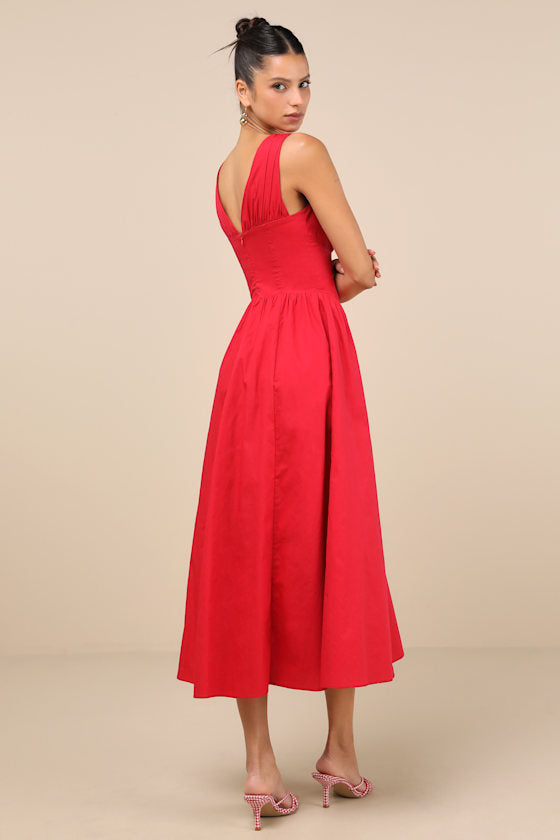 Lettie Red Poplin Plunge Neck Midi Dress