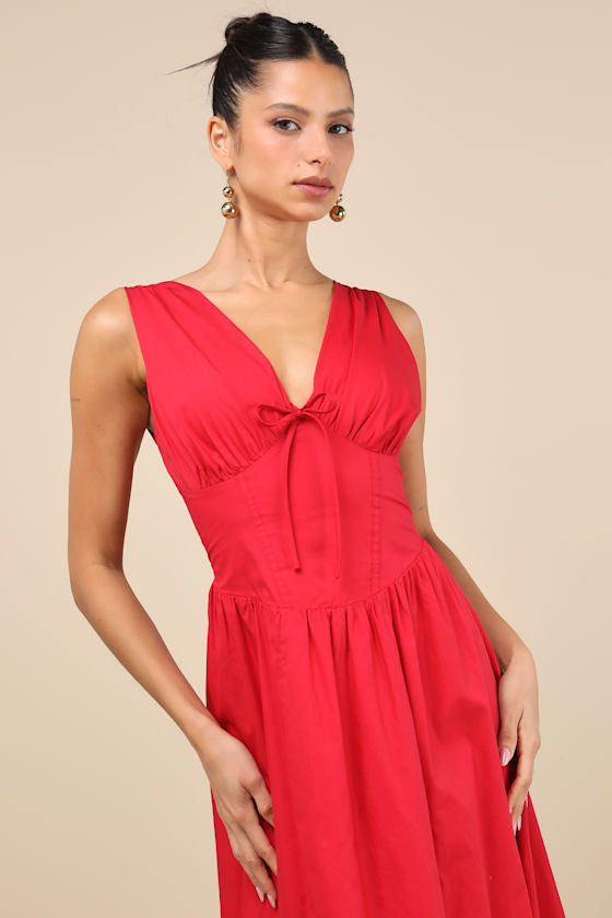 Lettie Red Poplin Plunge Neck Midi Dress