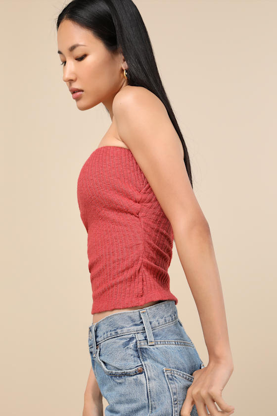 Lautaro Rust Ribbed Strapless Crop Top