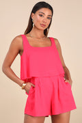 Effortless Escape Hot Pink Linen Sleeveless Flounce Romper