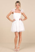 Classic Romance White 3D Floral Applique Tie-Strap Mini Dress