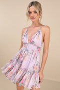 Signature Sweetie Lilac Floral Smocked Tie-Back Mini Dress