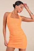 Attractive Radiance Orange Mesh Ruched Halter Mini Dress