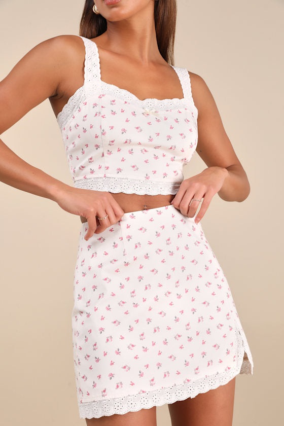 Emanita Ivory Ditsy Floral Two-Piece Bodycon Mini Dress