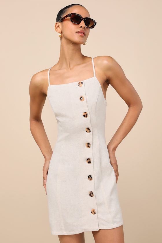 Chic Objective Light Beige Button-Front Mini Dress