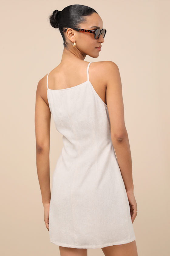 Chic Objective Light Beige Button-Front Mini Dress