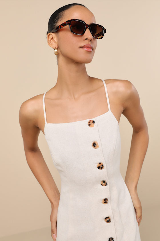 Chic Objective Light Beige Button-Front Mini Dress