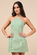 Madelia Green Striped Halter Mini Dress