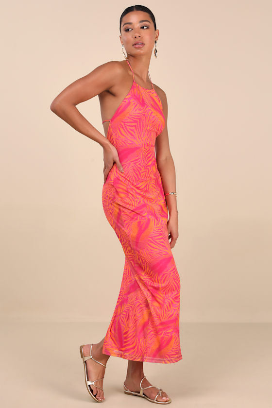 Camadi Hot Pink Animal Print Mesh Backless Midi Dress
