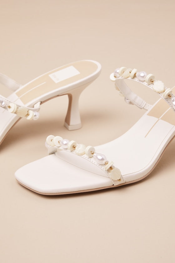 Grason White Leather Pearl Beaded High Heel Slide Sandals