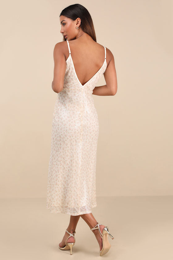 Edaline Cream Floral Sequin Slip Midi Dress