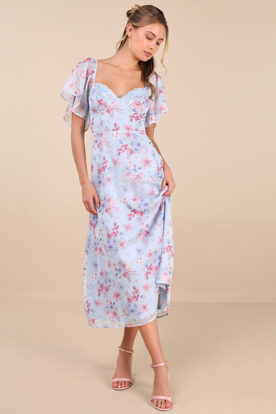 Valla Light Blue Floral Flutter Sleeve Midi Dress