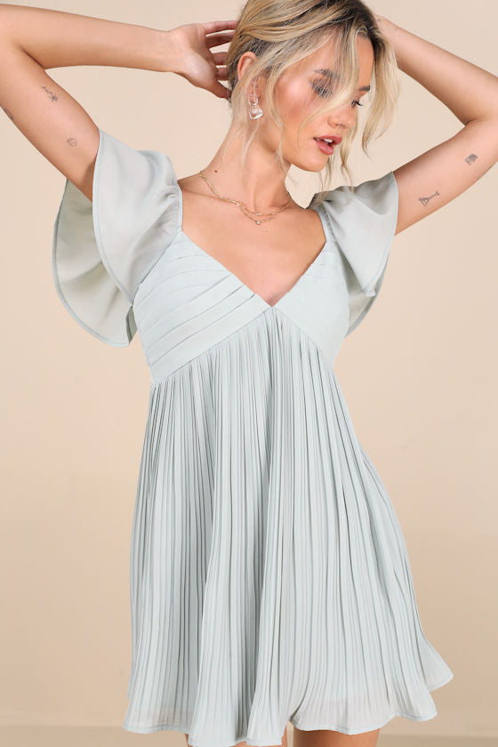 Amalfi Coast Mint Blue Pleated Flutter Sleeve Mini Dress