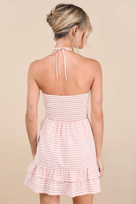 Corilie Pink and White Striped Halter Mini Dress